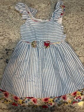 Bonnie Jean Blue & White Striped Floral-Trim Dress